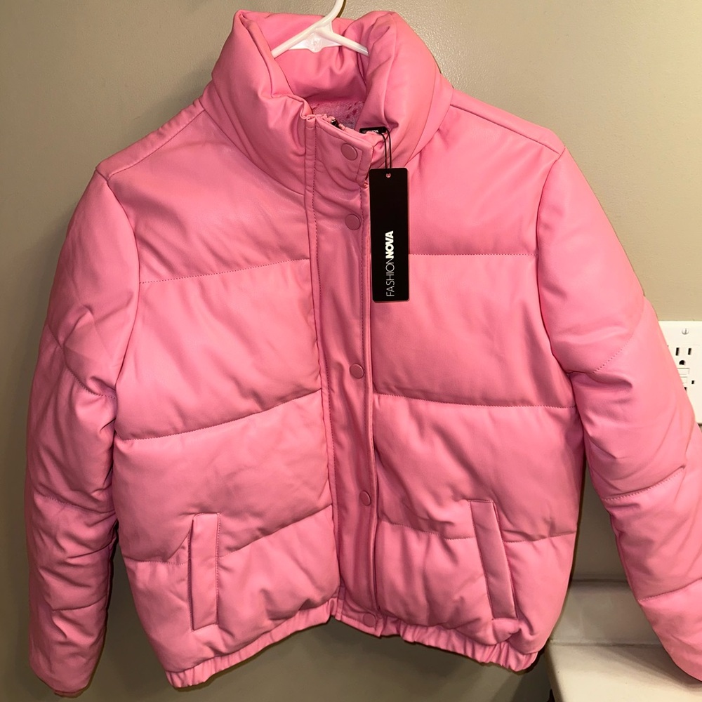 Fashion Nova Pink Faux Leather Puffer Jacket Size XS
